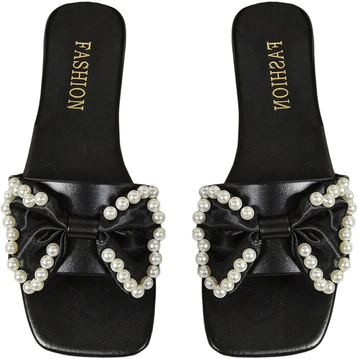 Verdusa Women's Bowknot Pearl Flat Sandals PU Leather Square Open Toe Summer Slippers