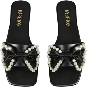 Verdusa Women's Bowknot Pearl Flat Sandals PU Leather Square Open Toe Summer Slippers