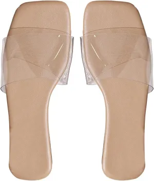 Verdusa Women's Clear Square Toe Slide Sandals Summer Slip On Flat Sandals