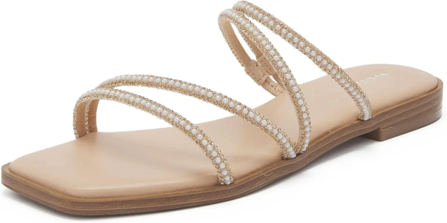 vodvob Women's Rhinestone Flat Sandals Slip on Memory Foam Sandals Open Toe Slide Sandals
