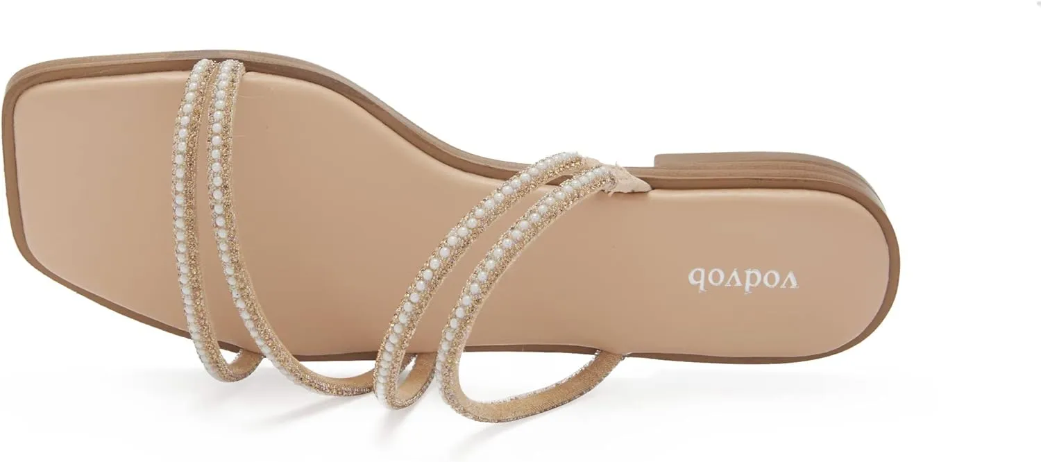 vodvob Women's Rhinestone Flat Sandals Slip on Memory Foam Sandals Open Toe Slide Sandals