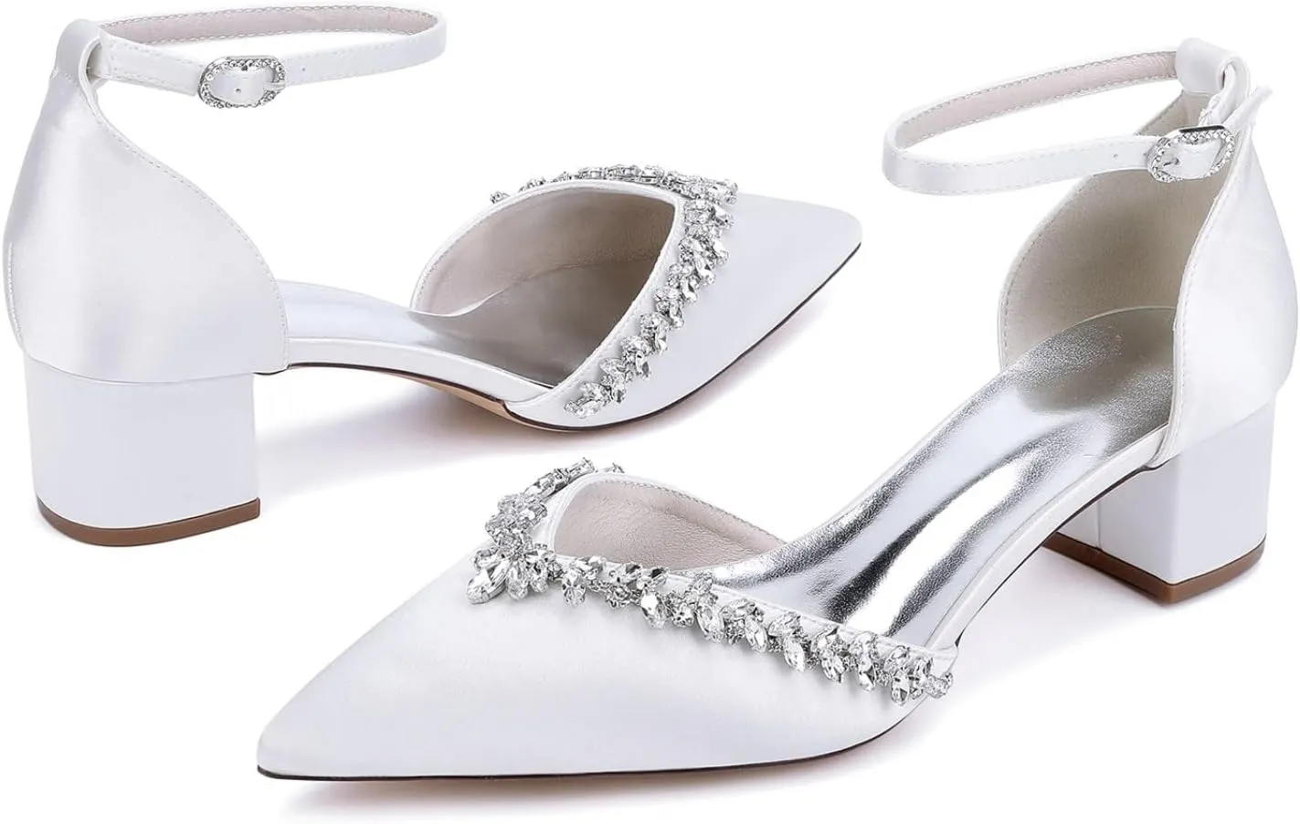 Wedding Shoes Bridal Pointed Toe Low Block Heel Women's Chunky Heels Satin Ankle Strap Heeled 4.5Cm