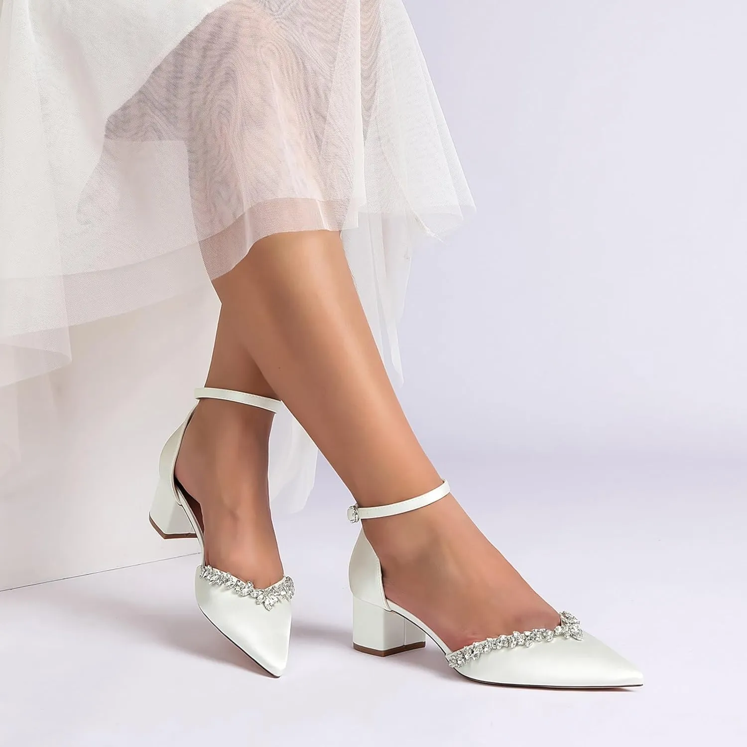 Wedding Shoes Bridal Pointed Toe Low Block Heel Women's Chunky Heels Satin Ankle Strap Heeled 4.5Cm