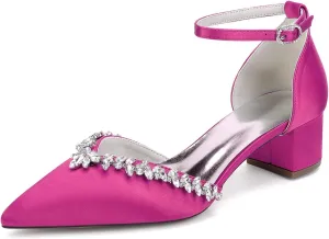 Wedding Shoes Bridal Pointed Toe Low Block Heel Women's Chunky Heels Satin Ankle Strap Heeled 4.5Cm