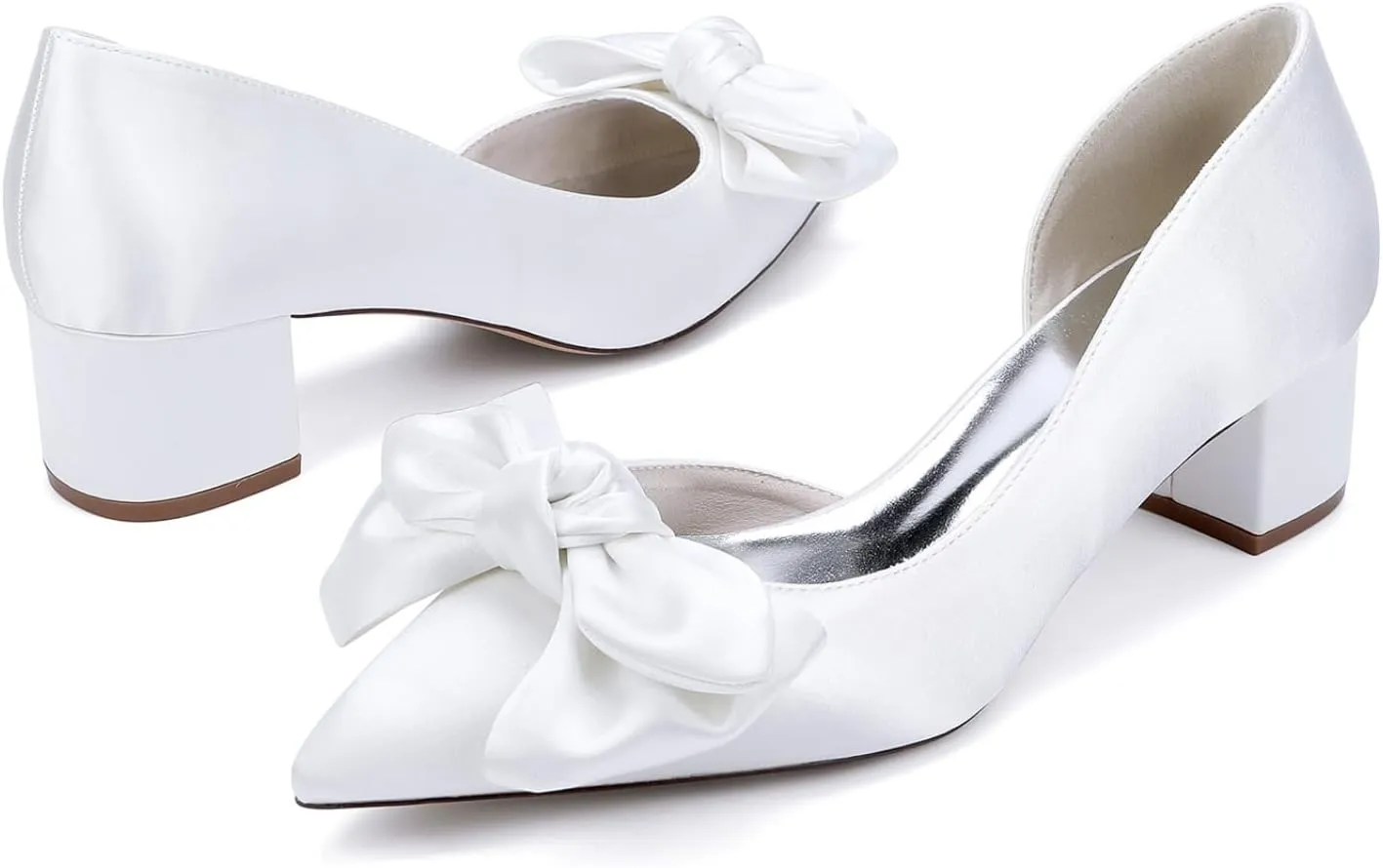 Wedding Shoes Women Bride Pointed Toe Heels Wedding Low Heels Bridal Shoes Slip-On Low Block Heel 4.5Cm