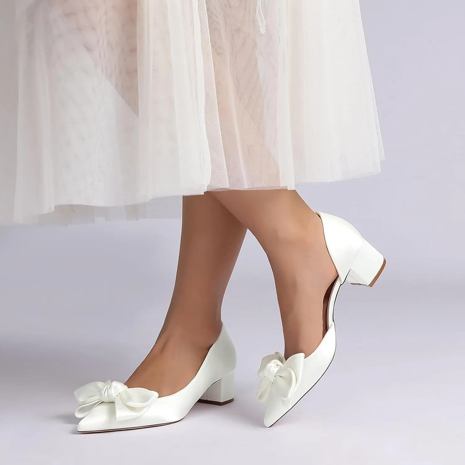 Wedding Shoes Women Bride Pointed Toe Heels Wedding Low Heels Bridal Shoes Slip-On Low Block Heel 4.5Cm