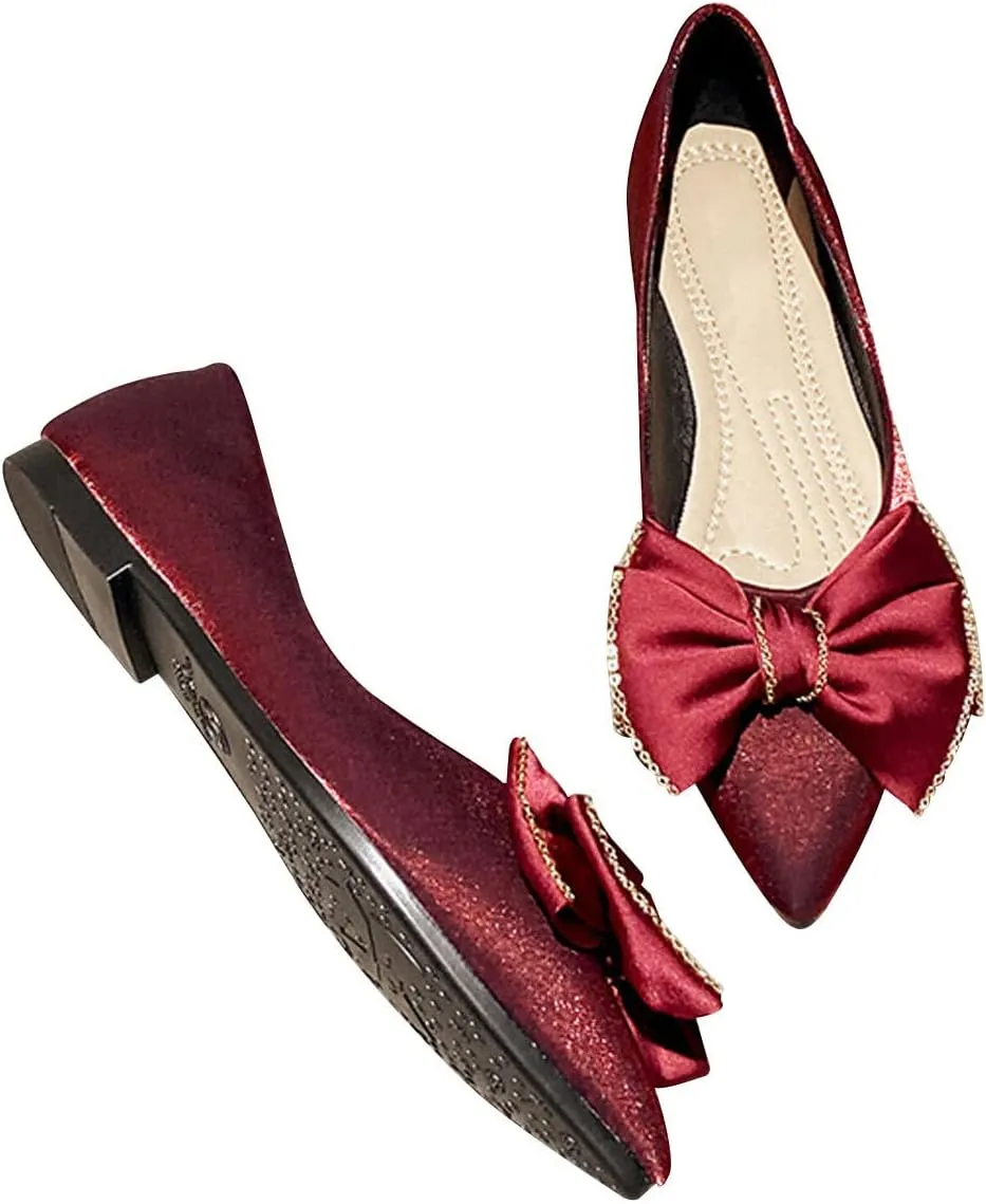 WENJIAZHIZHI Womens Glittery Bow Ballet Flats Pointed Toe Loafers Flat Dress Shoes for Women Wedding Dressy Comfortable