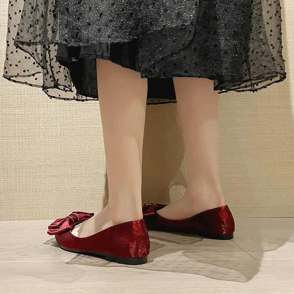 WENJIAZHIZHI Womens Glittery Bow Ballet Flats Pointed Toe Loafers Flat Dress Shoes for Women Wedding Dressy Comfortable