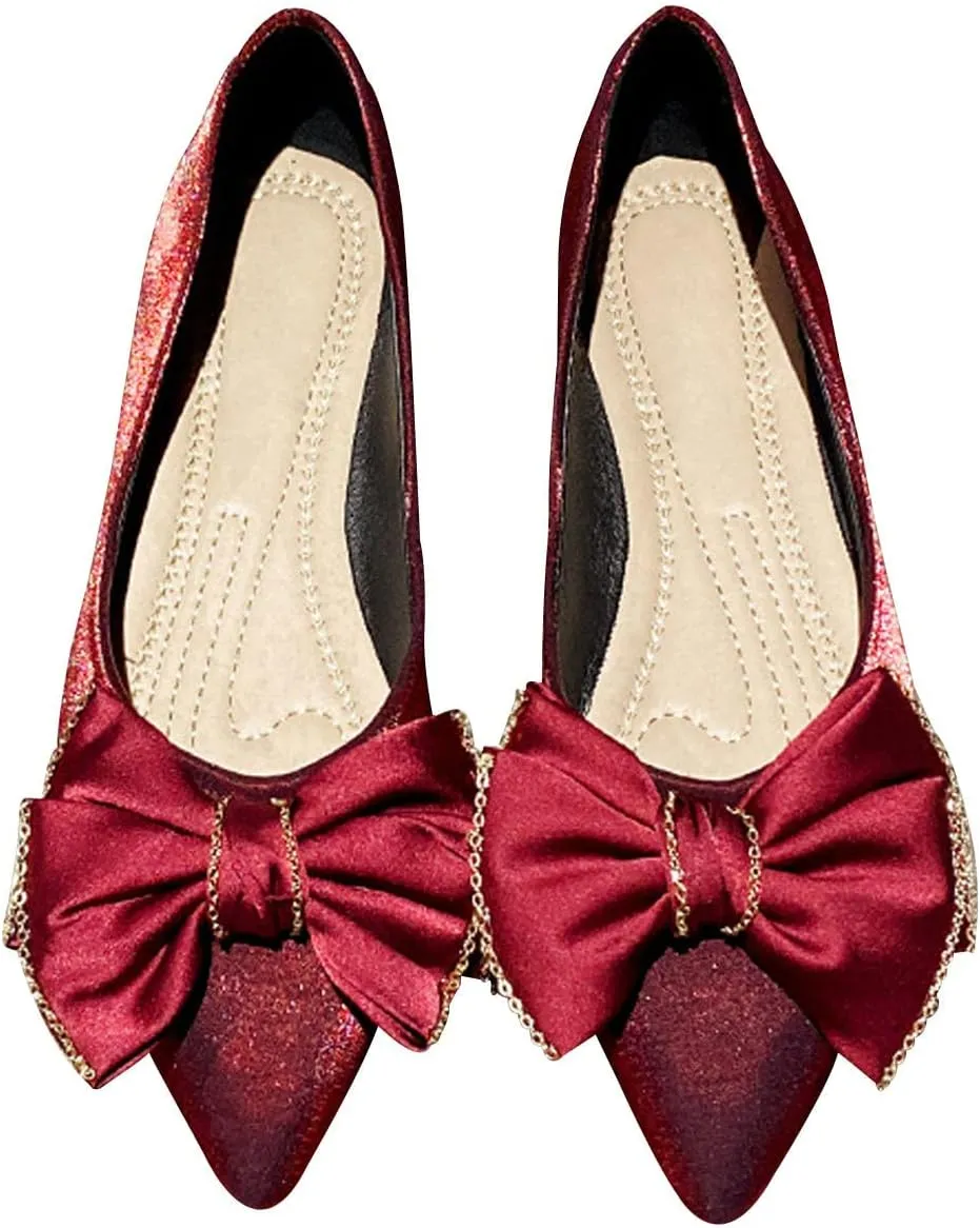 WENJIAZHIZHI Womens Glittery Bow Ballet Flats Pointed Toe Loafers Flat Dress Shoes for Women Wedding Dressy Comfortable