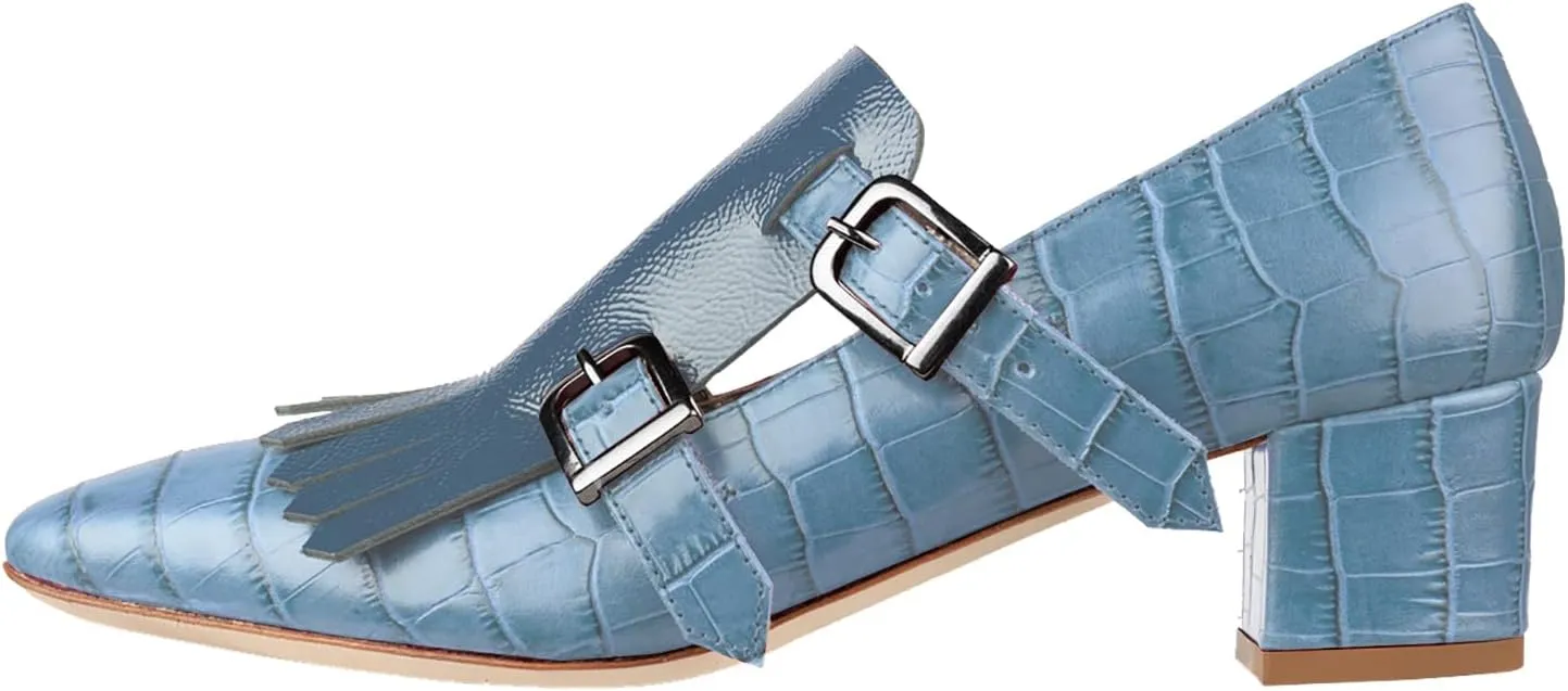 Women Fringe Loafer Pumps Chunky Heel Square Toe Loafers Buckle Strap Crocodile Pattern 2 inch Block Heel Slip On Dress Shoes Tassels Animal Print Sexy Fashion Retro Party 4-11 M US