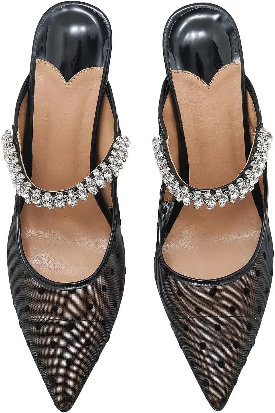 Women High Heeled Mules Crystal Embellished Strap Mules Pointed Toe Stiletto Heels Patent Leather Bridal Wedding Party Dress Shoes 5-13US