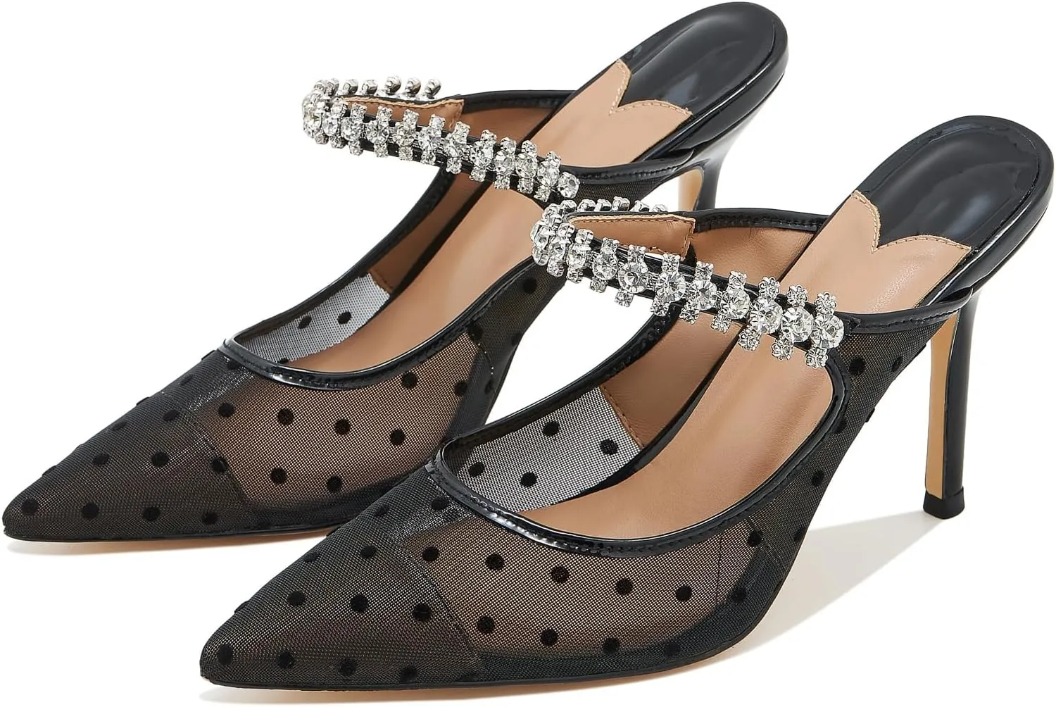 Women High Heeled Mules Crystal Embellished Strap Mules Pointed Toe Stiletto Heels Patent Leather Bridal Wedding Party Dress Shoes 5-13US