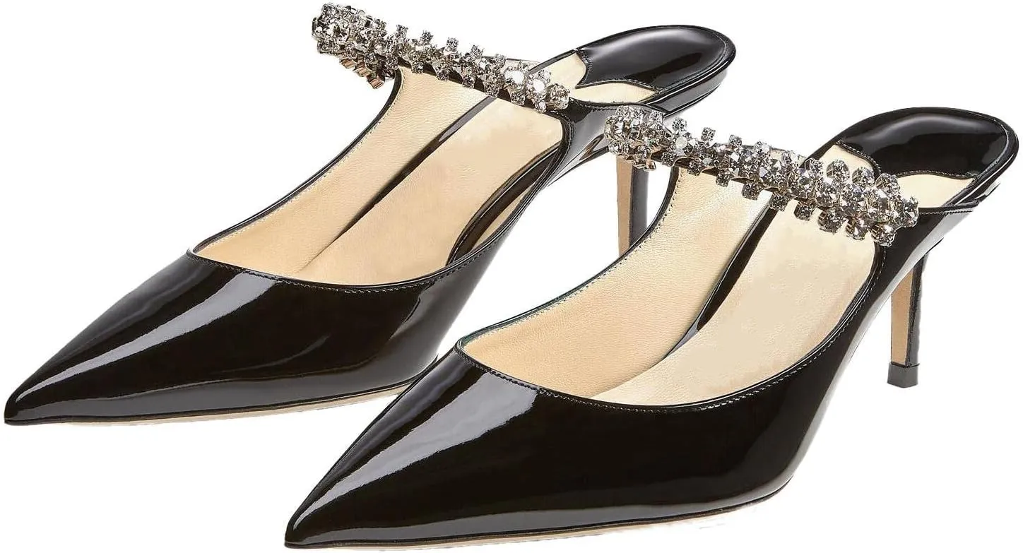 Women High Heeled Mules Crystal Embellished Strap Mules Pointed Toe Stiletto Heels Patent Leather Bridal Wedding Party Dress Shoes 5-13US