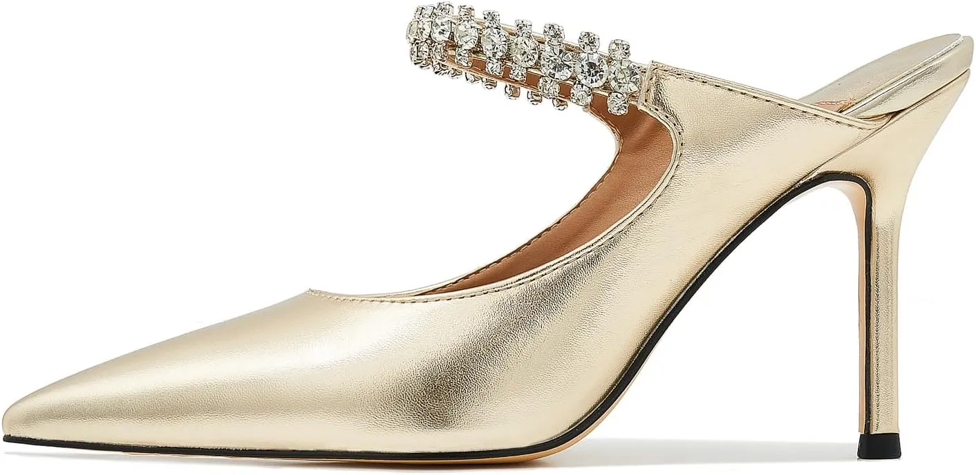 Women High Heeled Mules Crystal Embellished Strap Mules Pointed Toe Stiletto Heels Patent Leather Bridal Wedding Party Dress Shoes 5-13US