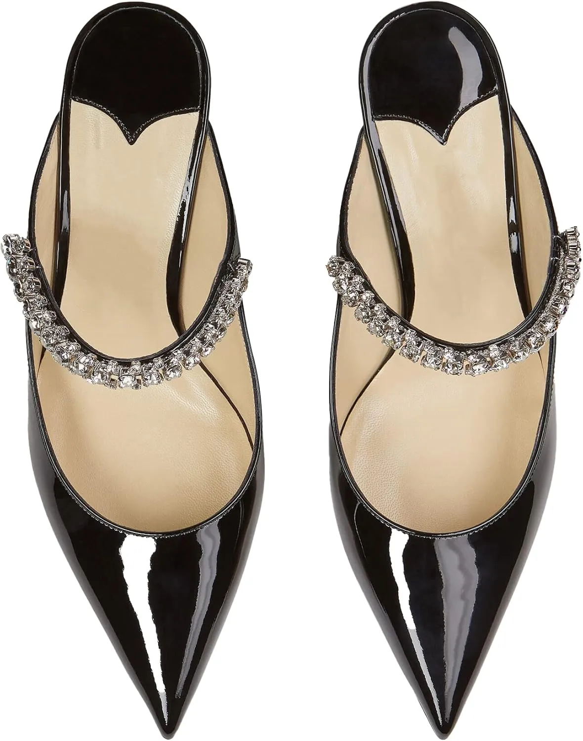 Women High Heeled Mules Crystal Embellished Strap Mules Pointed Toe Stiletto Heels Patent Leather Bridal Wedding Party Dress Shoes 5-13US