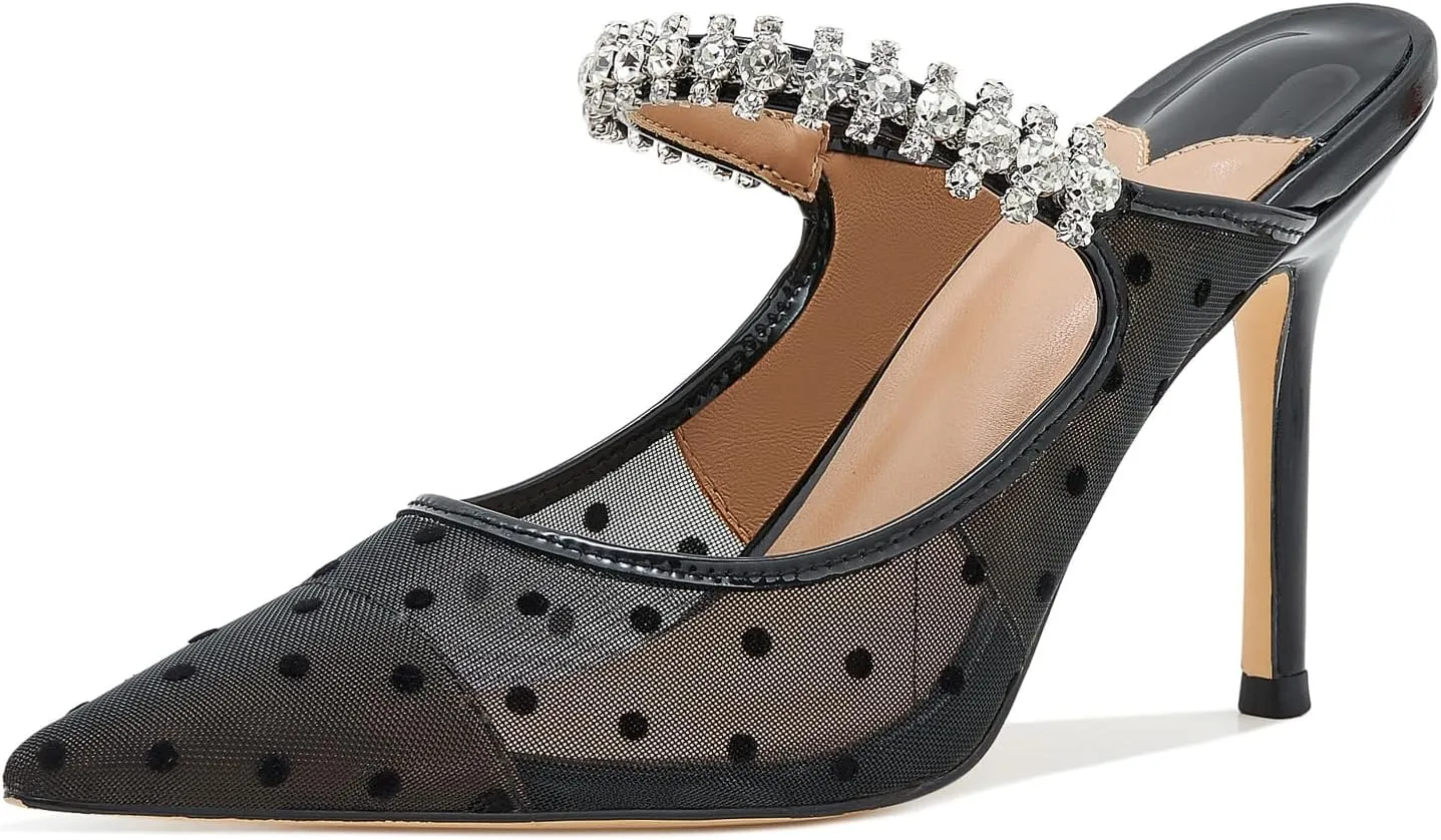 Women High Heeled Mules Crystal Embellished Strap Mules Pointed Toe Stiletto Heels Patent Leather Bridal Wedding Party Dress Shoes 5-13US