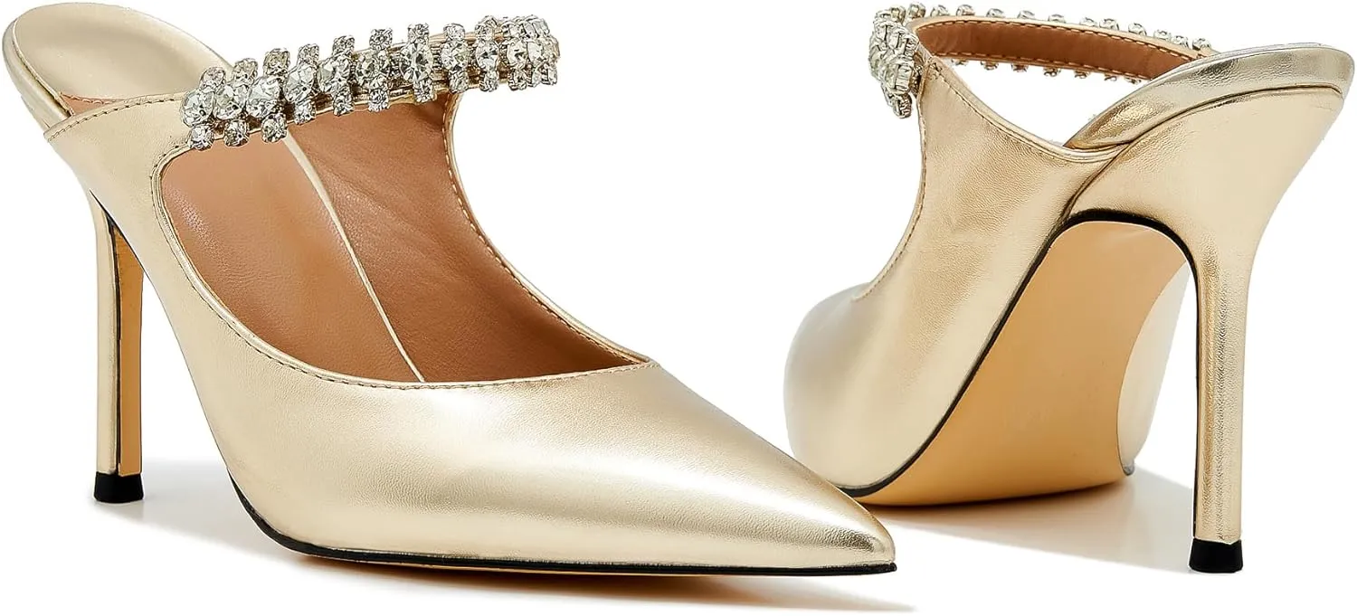Women High Heeled Mules Crystal Embellished Strap Mules Pointed Toe Stiletto Heels Patent Leather Bridal Wedding Party Dress Shoes 5-13US