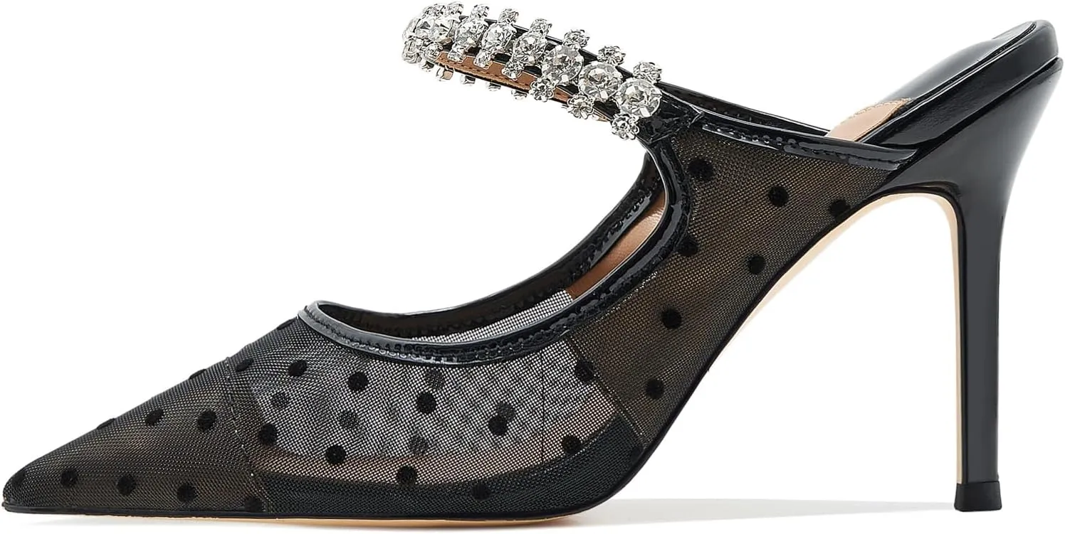 Women High Heeled Mules Crystal Embellished Strap Mules Pointed Toe Stiletto Heels Patent Leather Bridal Wedding Party Dress Shoes 5-13US