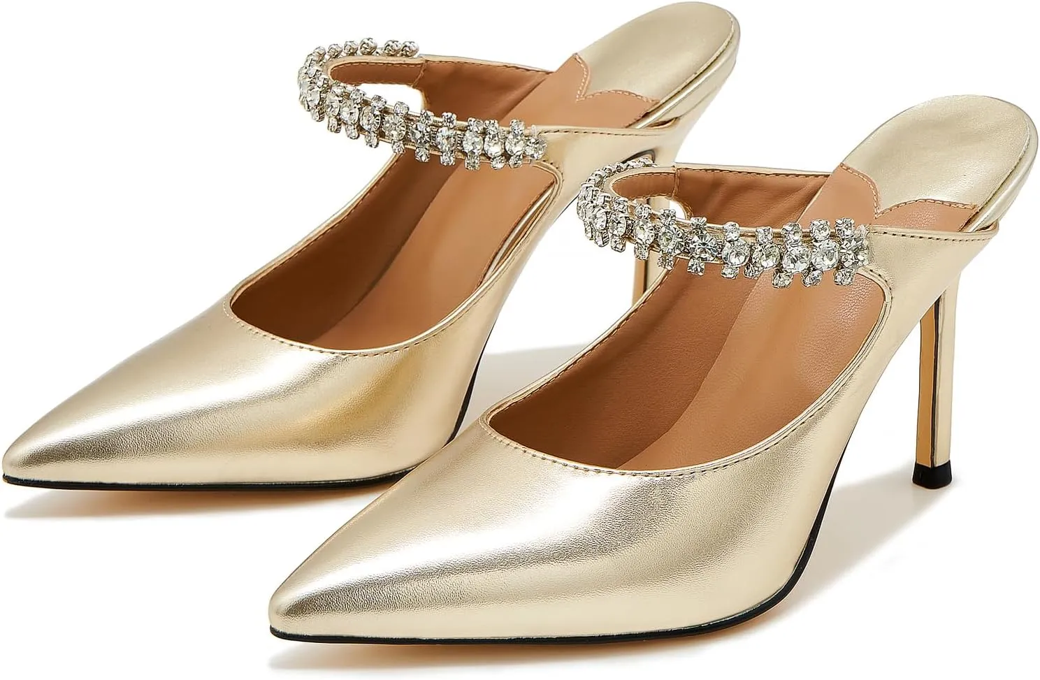 Women High Heeled Mules Crystal Embellished Strap Mules Pointed Toe Stiletto Heels Patent Leather Bridal Wedding Party Dress Shoes 5-13US