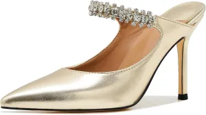 Women High Heeled Mules Crystal Embellished Strap Mules Pointed Toe Stiletto Heels Patent Leather Bridal Wedding Party Dress Shoes 5-13US