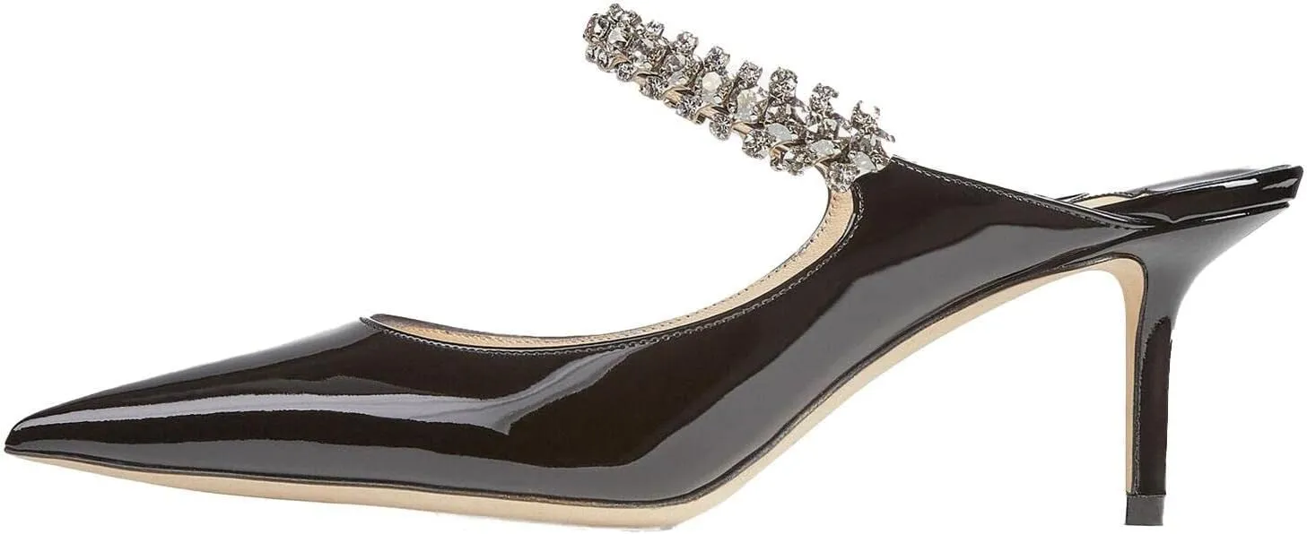 Women High Heeled Mules Crystal Embellished Strap Mules Pointed Toe Stiletto Heels Patent Leather Bridal Wedding Party Dress Shoes 5-13US