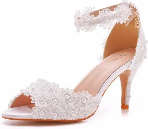 Women Peep Toe High Heel Sandals Bridal Wedding Shoes for Bride Ankle Strap Lace High Heel 7Cm