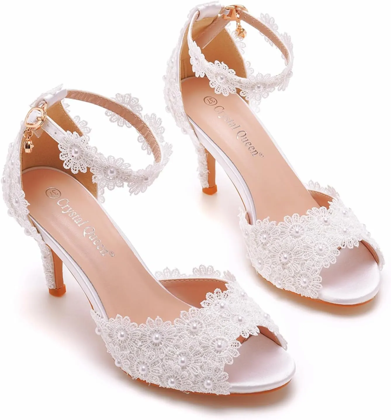 Women Peep Toe High Heel Sandals Bridal Wedding Shoes for Bride Ankle Strap Lace High Heel 7Cm