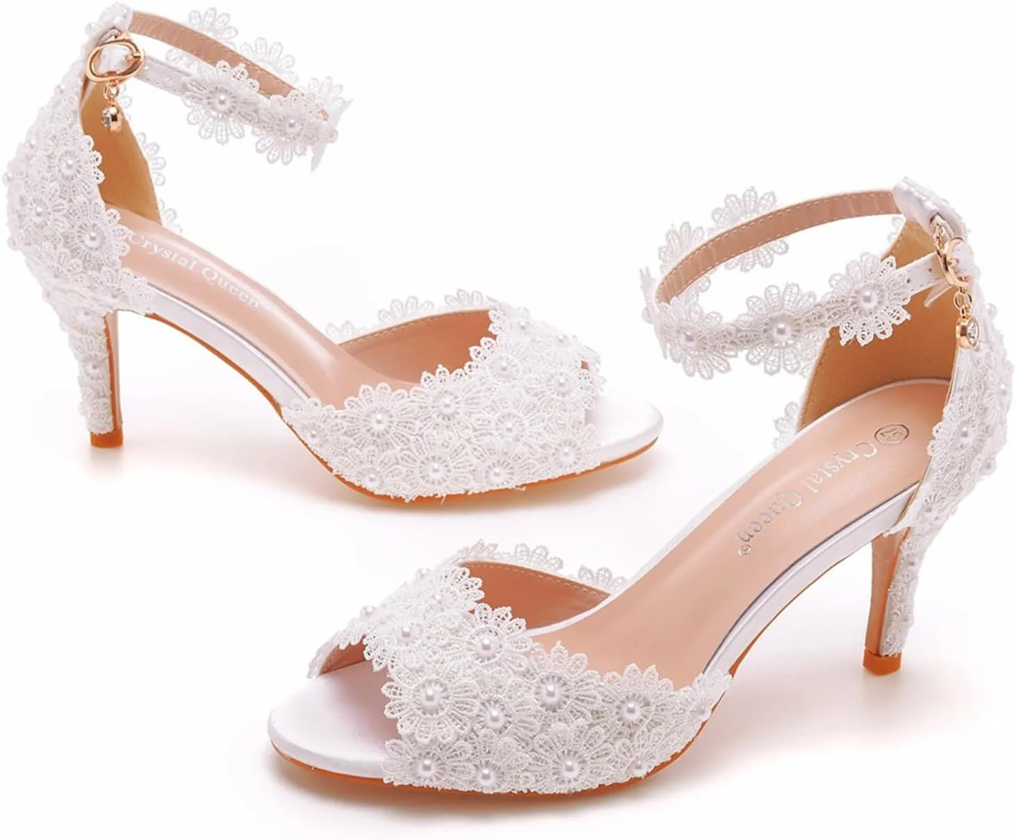 Women Peep Toe High Heel Sandals Bridal Wedding Shoes for Bride Ankle Strap Lace High Heel 7Cm