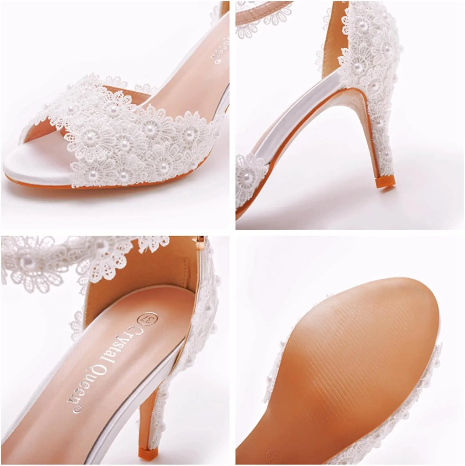 Women Peep Toe High Heel Sandals Bridal Wedding Shoes for Bride Ankle Strap Lace High Heel 7Cm