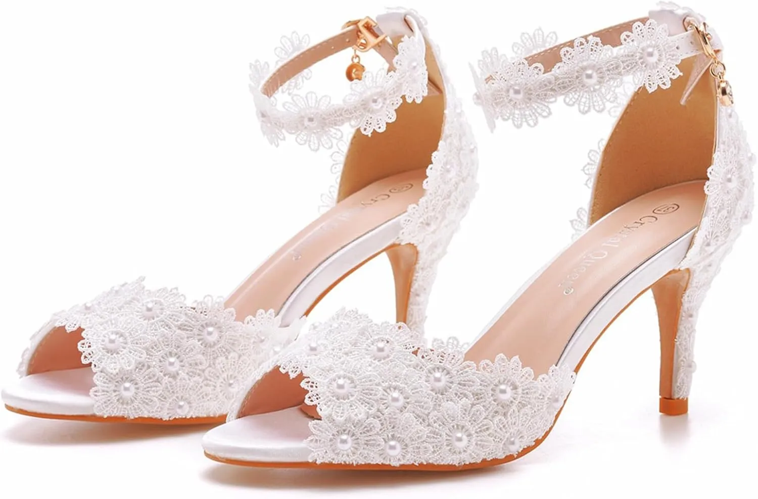 Women Peep Toe High Heel Sandals Bridal Wedding Shoes for Bride Ankle Strap Lace High Heel 7Cm