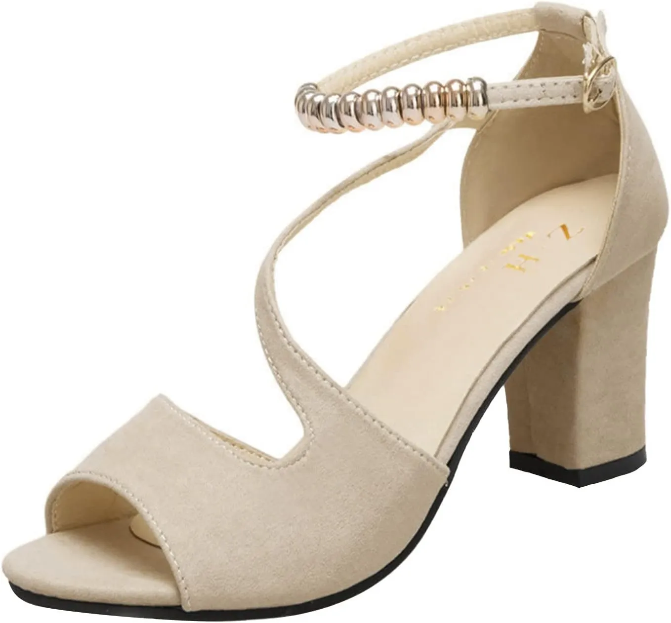 Womens Buckle Strap Chunky Heel Sandals Beaded Fish Mouth High Heels Casual Ankle Strap Boho Footwear for Summer
