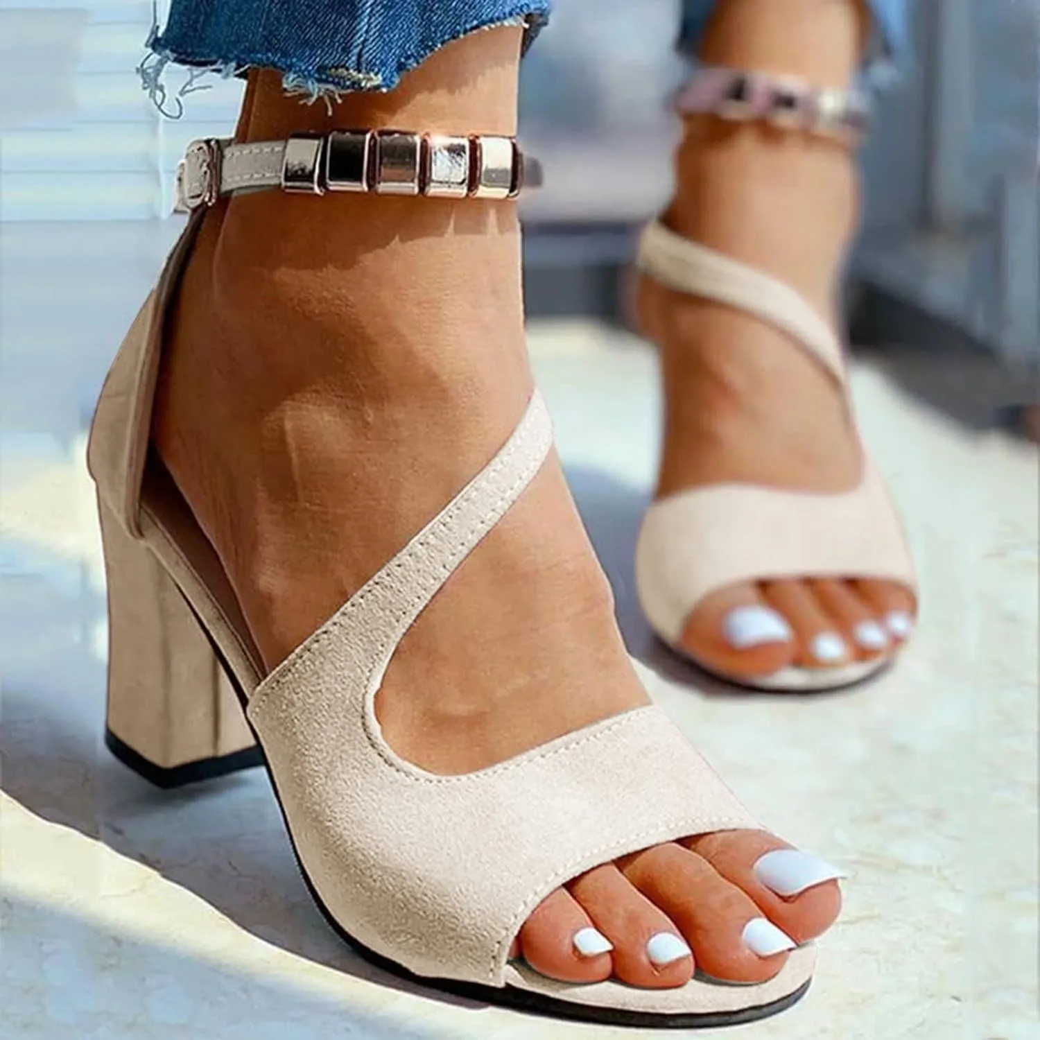 Womens Buckle Strap Chunky Heel Sandals Beaded Fish Mouth High Heels Casual Ankle Strap Boho Footwear for Summer
