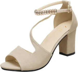 Womens Buckle Strap Chunky Heel Sandals Beaded Fish Mouth High Heels Casual Ankle Strap Boho Footwear for Summer