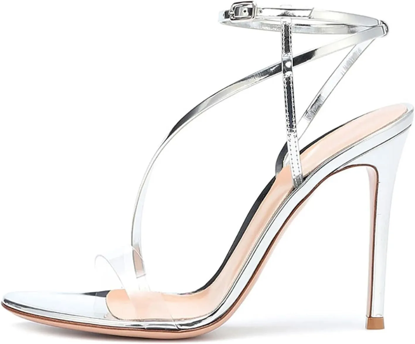 Women's Buckle Strap Stiletto Sandals, Silver Peep Toe Party Heels