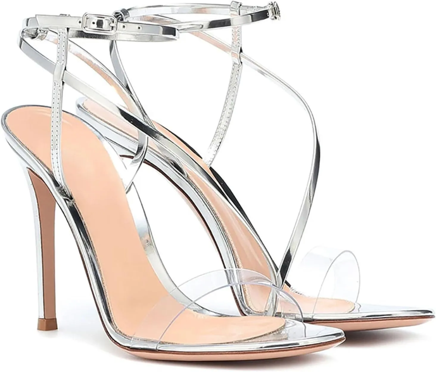 Women's Buckle Strap Stiletto Sandals, Silver Peep Toe Party Heels