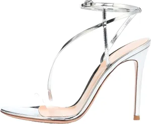 Women's Buckle Strap Stiletto Sandals, Silver Peep Toe Party Heels