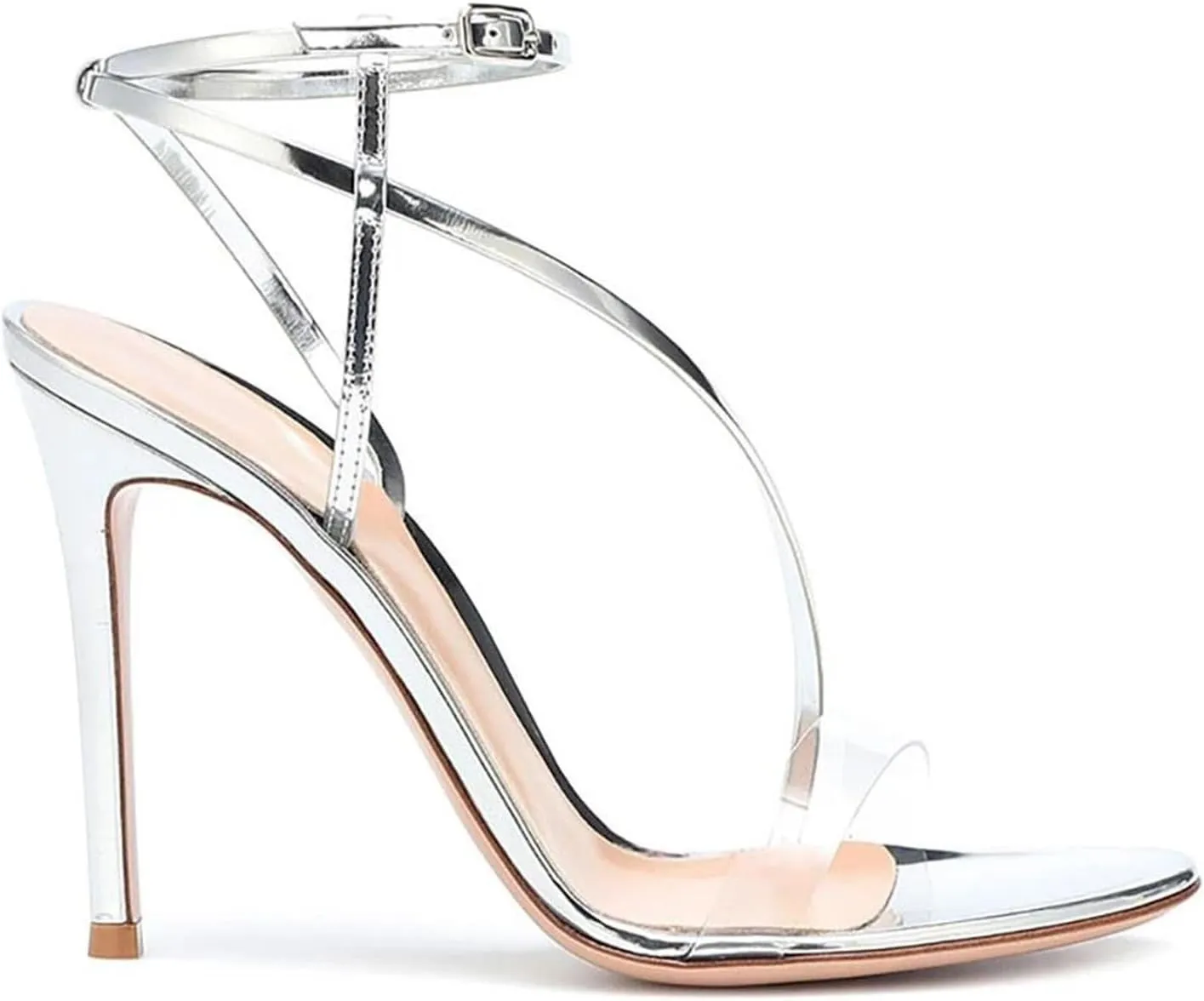 Women's Buckle Strap Stiletto Sandals, Silver Peep Toe Party Heels