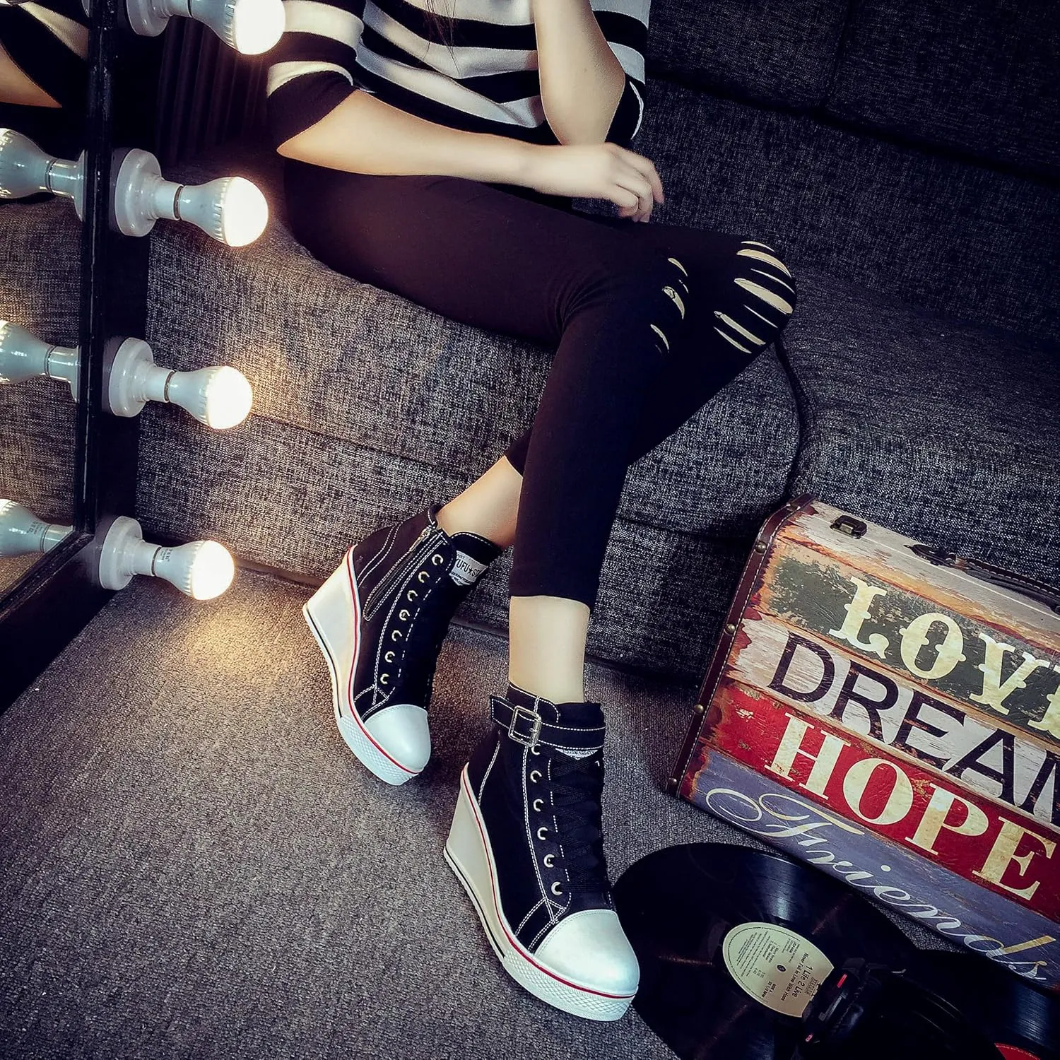 Women's Canvas High-Heeled Shoes Fashion Sneakers Casual Shoes for Walking Platform Wedges Pump Shoes