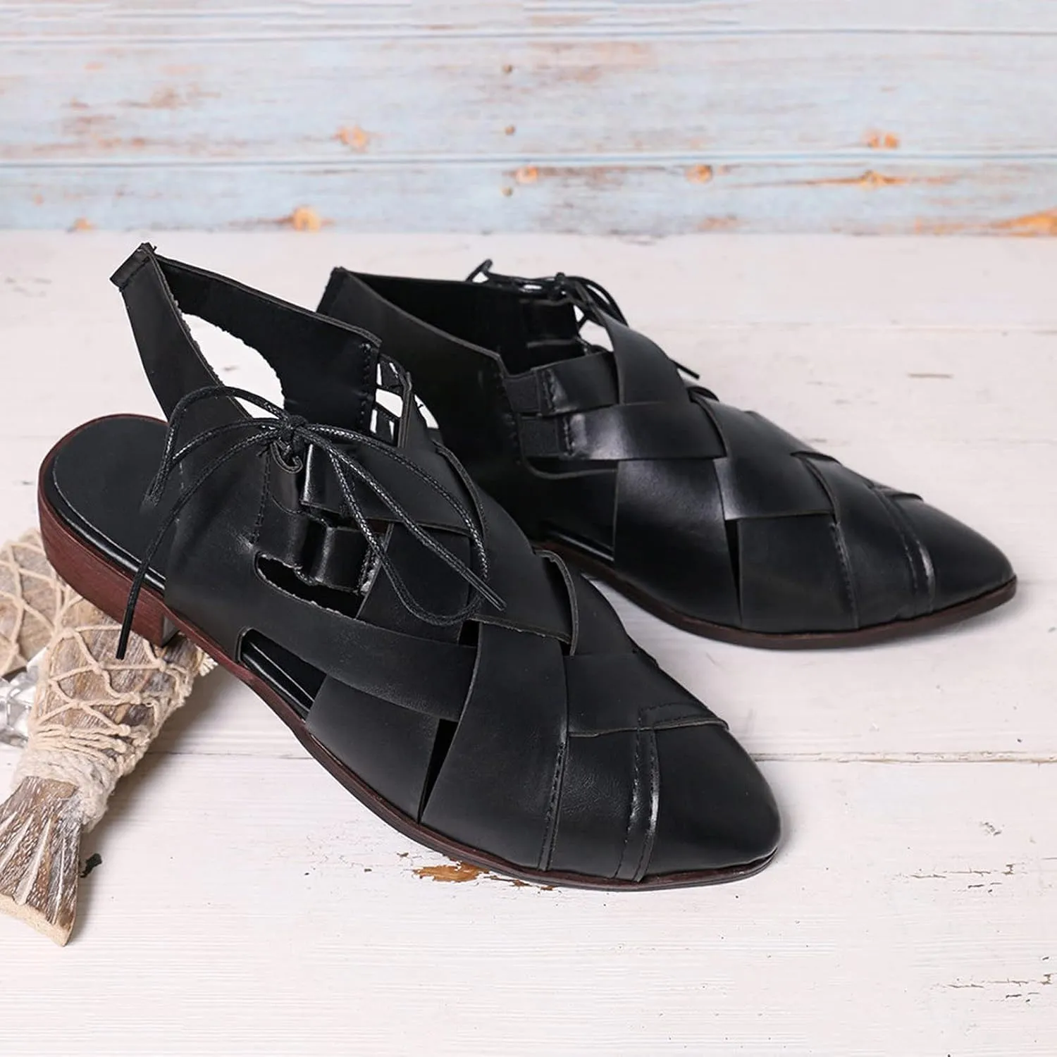 Womens Casual Hollow Slides Sandals Vintage Cross Straps Lace up Leather Woven Back Low Heel Roman Sandals Summer Comfy Casual Slingback Shoes