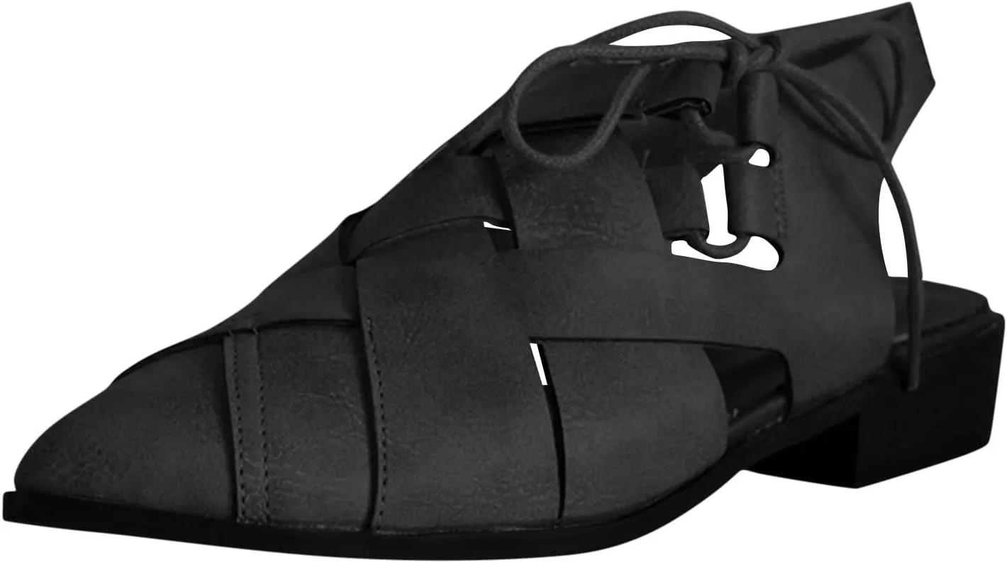 Womens Casual Hollow Slides Sandals Vintage Cross Straps Lace up Leather Woven Back Low Heel Roman Sandals Summer Comfy Casual Slingback Shoes
