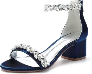 Women's Chunky Block Heeled Sandals Open Toe Strappy High Heels Ankle Strap Satin Wedding Bridal Shoes High Heel Shoes for Party Dress