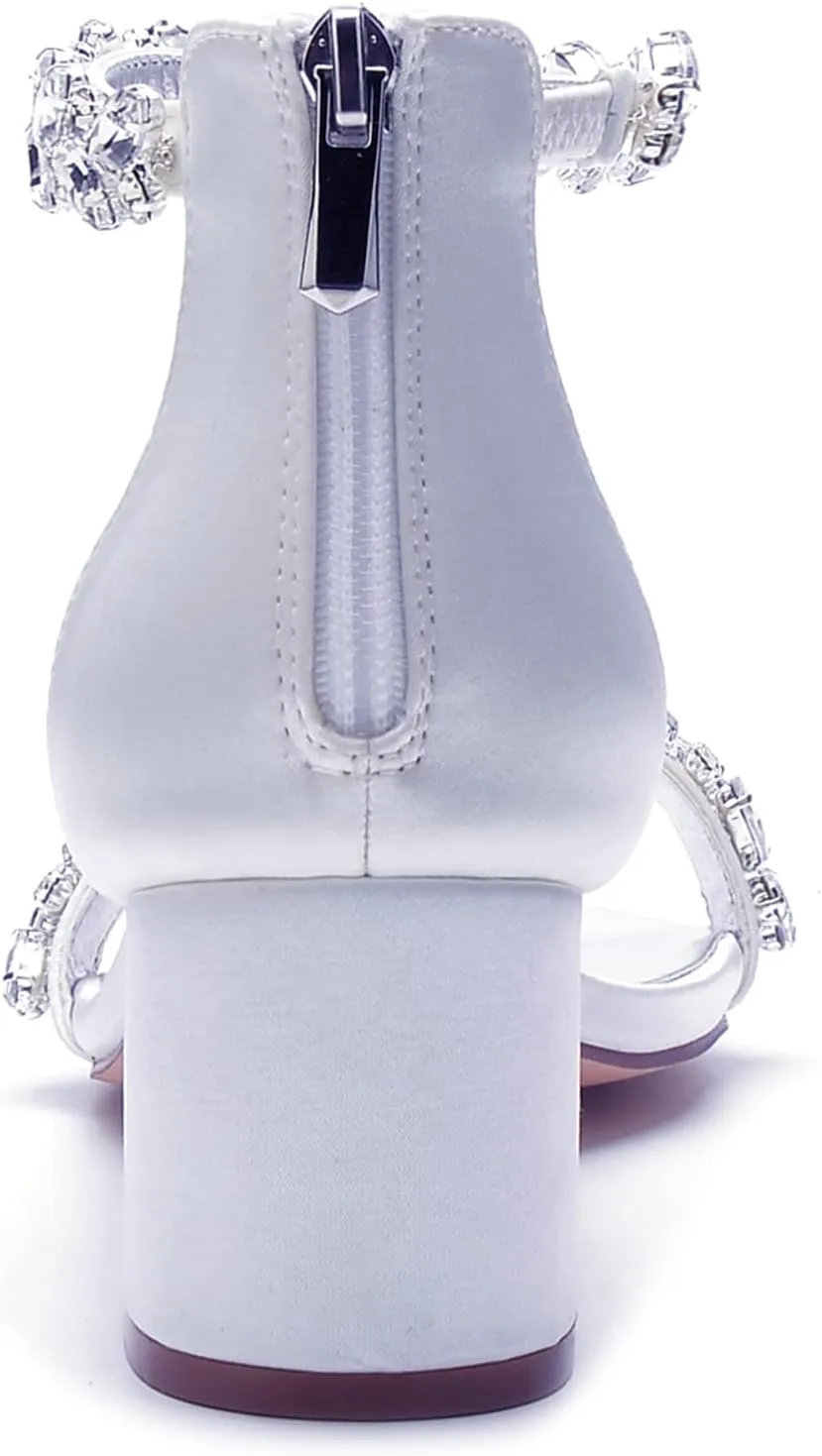 Women's Chunky Block Heeled Sandals Open Toe Strappy High Heels Ankle Strap Satin Wedding Bridal Shoes High Heel Shoes for Party Dress