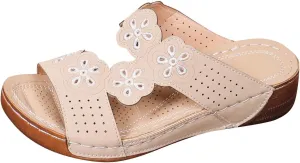 Women's Classic Leather Sandals Lightweight Flat Sandals Cute Hollow Out Flower One Stirrup Casual Walking Slippers, 4