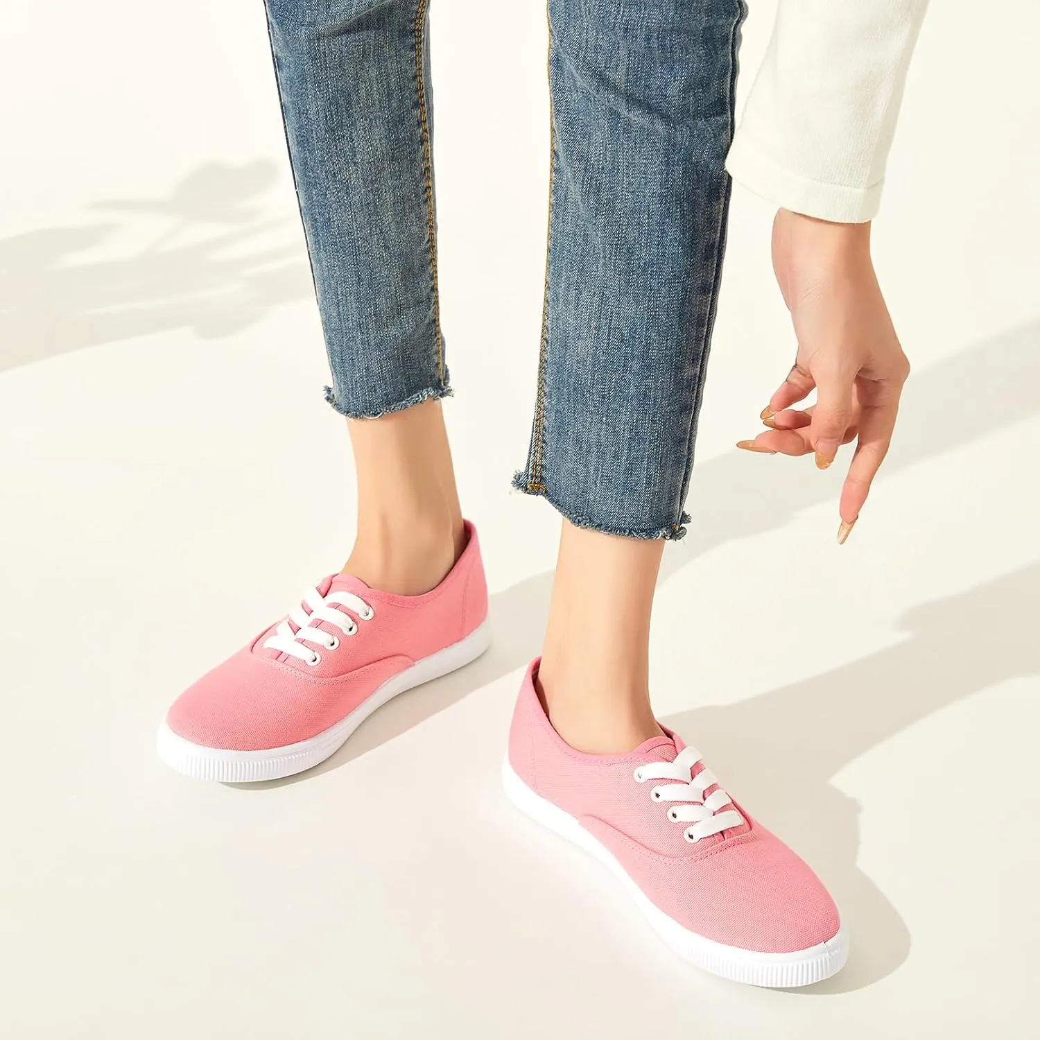 Womens Classic White Sneakers,Low Top White Canvas Shoes,Lightweight Casual Canvas Sneakers