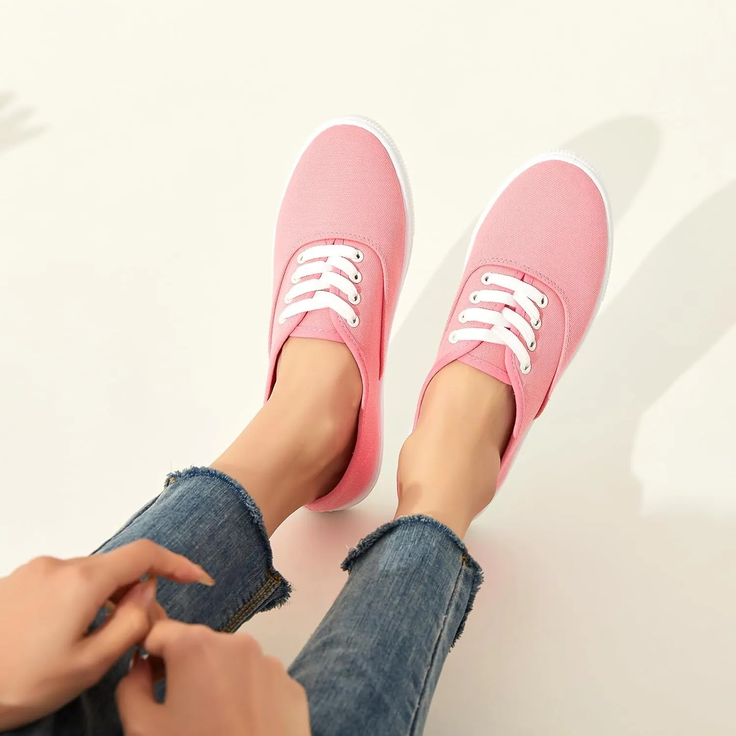 Womens Classic White Sneakers,Low Top White Canvas Shoes,Lightweight Casual Canvas Sneakers