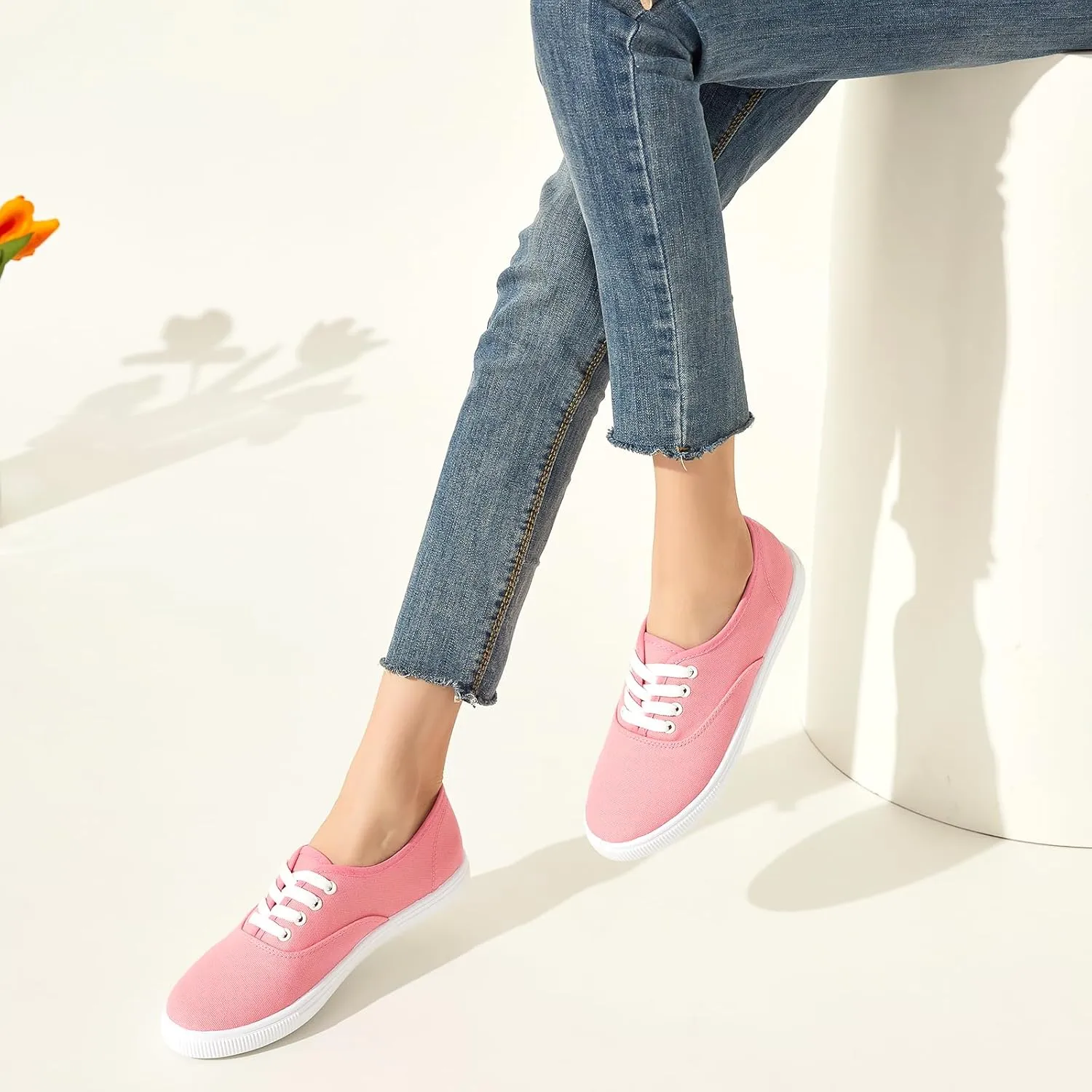 Womens Classic White Sneakers,Low Top White Canvas Shoes,Lightweight Casual Canvas Sneakers