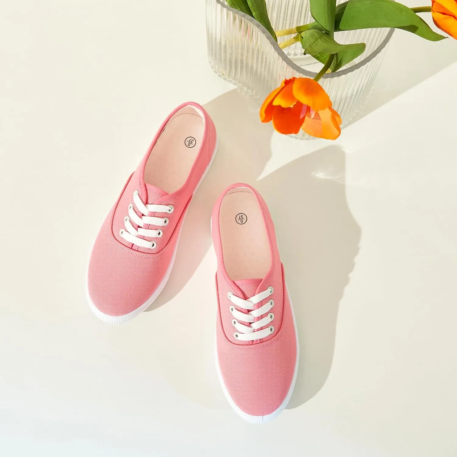 Womens Classic White Sneakers,Low Top White Canvas Shoes,Lightweight Casual Canvas Sneakers