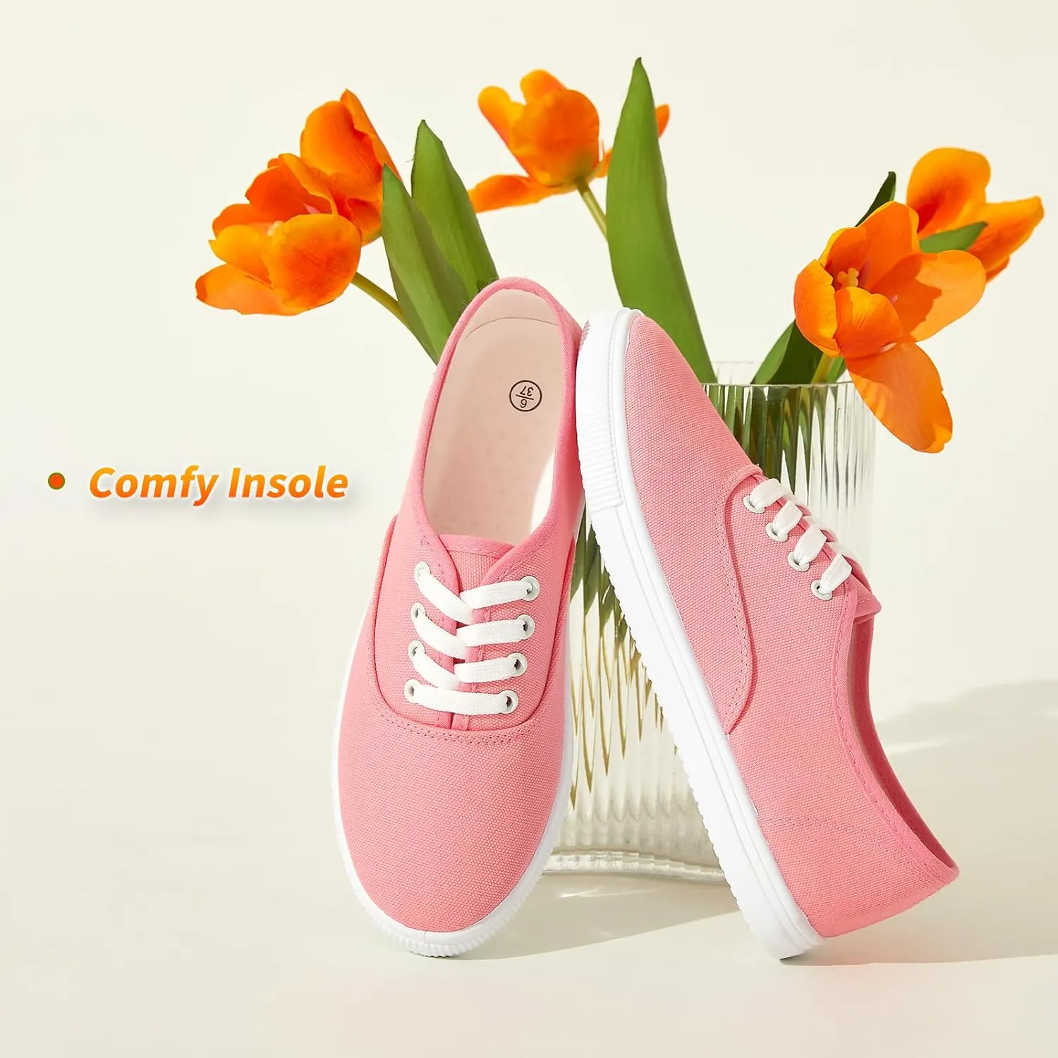 Womens Classic White Sneakers,Low Top White Canvas Shoes,Lightweight Casual Canvas Sneakers