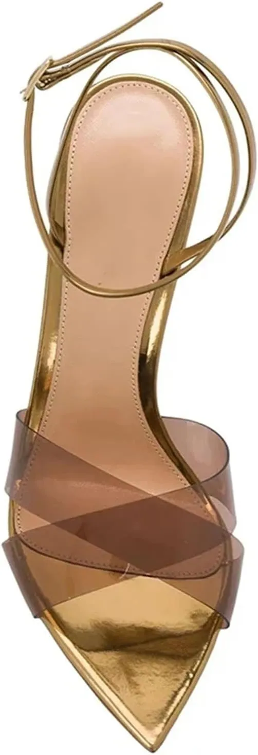 Women's Cross Strap Stiletto Sandals, Gold Party Wedding High Heels