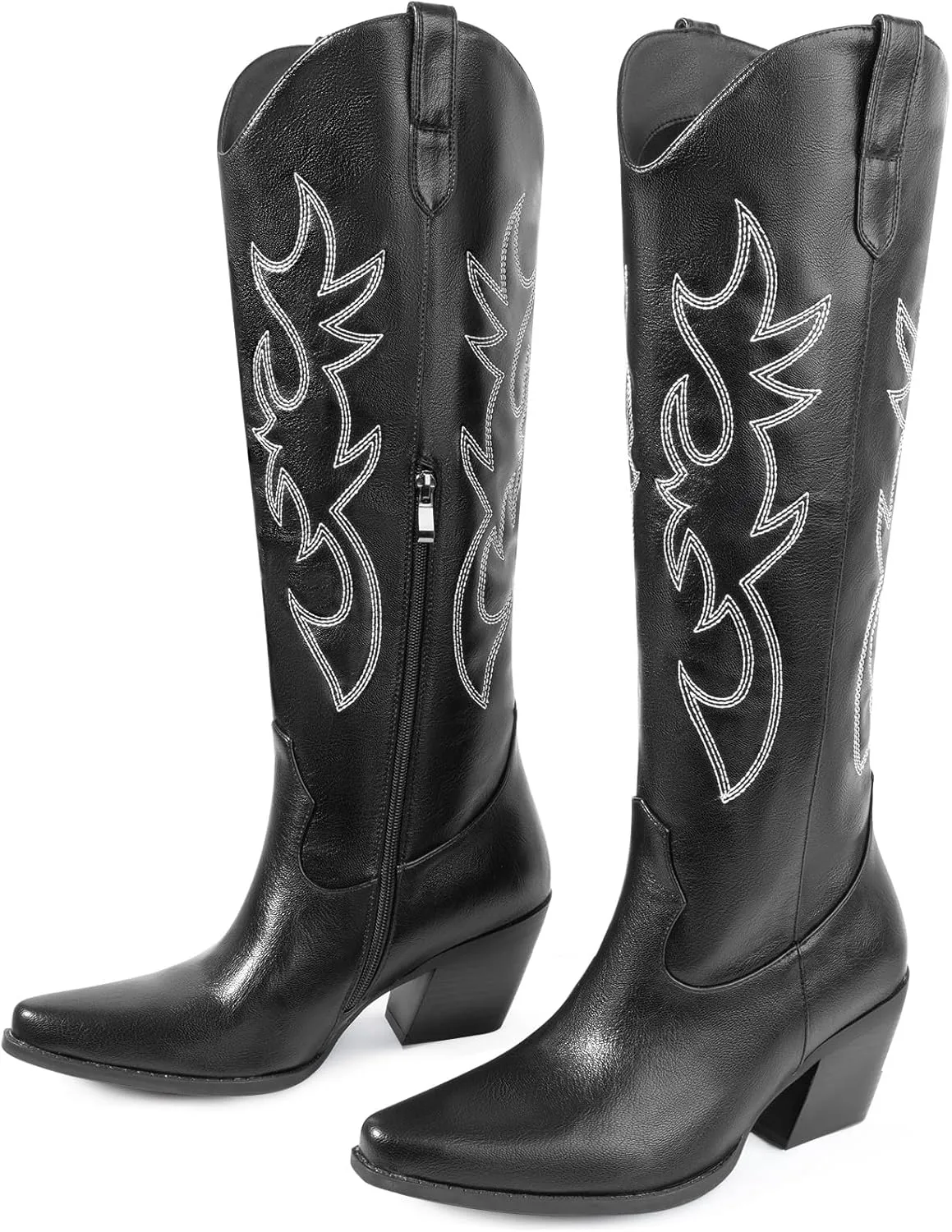Women's Embroidered Wide Calf Western Cowgirl High Knee Boots Pull On Pointed Toe Cowboy Tall Boots for Ladies
